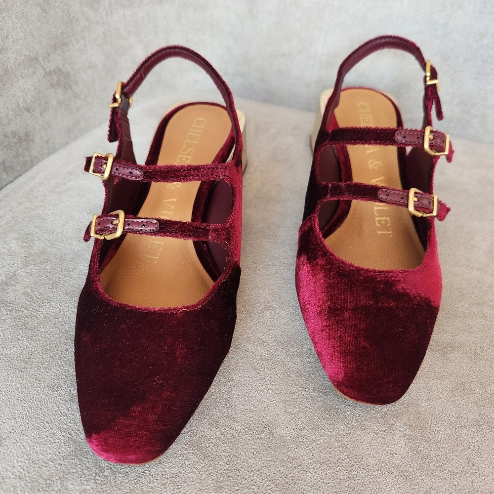 Chelsea & Violet Slingback Pumps 6.5 Burgundy Red Velvet Ruthie Mary Jane New$90